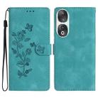 For Honor 90 Flower Butterfly Embossing Pattern Leather Phone Case(Sky Blue) - 1