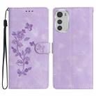 For Motorola Moto E32 Flower Butterfly Embossing Pattern Leather Phone Case(Purple) - 1