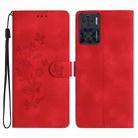 For Motorola Moto E22 Flower Butterfly Embossing Pattern Leather Phone Case(Red) - 1