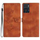 For Motorola Moto E22 Flower Butterfly Embossing Pattern Leather Phone Case(Brown) - 1