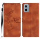 For Motorola Moto E15 Flower Butterfly Embossing Pattern Leather Phone Case(Brown) - 1