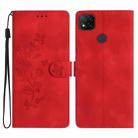 For Xiaomi Redmi 9C Flower Butterfly Embossing Pattern Leather Phone Case(Red) - 1