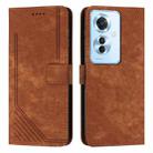 For OPPO Reno11 F Skin Feel Stripe Pattern Leather Phone Case with Lanyard(Brown) - 1