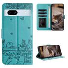 For Google Pixel 7a Cat Embossing Pattern Leather Phone Case with Lanyard(Blue) - 1