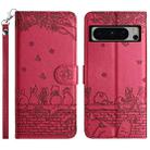 For Google Pixel 8 Pro Cat Embossing Pattern Leather Phone Case with Lanyard(Red) - 1