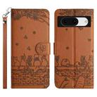 For Google Pixel 8a Cat Embossing Pattern Leather Phone Case with Lanyard(Brown) - 1