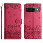 For Google Pixel 9 / 9 Pro Cat Embossing Pattern Leather Phone Case with Lanyard(Red) - 1