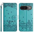 For Google Pixel 9 / 9 Pro Cat Embossing Pattern Leather Phone Case with Lanyard(Blue) - 1