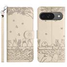 For Google Pixel 9 / 9 Pro Cat Embossing Pattern Leather Phone Case with Lanyard(Beige) - 1