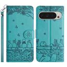 For Google Pixel 9 Pro XL Cat Embossing Pattern Leather Phone Case with Lanyard(Blue) - 1