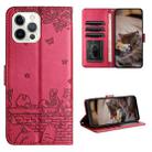 For iPhone 12 Cat Embossing Pattern Leather Phone Case with Lanyard(Red) - 1