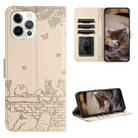 For iPhone 12 Cat Embossing Pattern Leather Phone Case with Lanyard(Beige) - 1