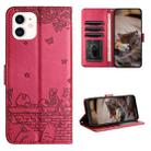 For iPhone 12 mini Cat Embossing Pattern Leather Phone Case with Lanyard(Red) - 1