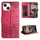 For iPhone 13 Cat Embossing Pattern Leather Phone Case with Lanyard(Red) - 1