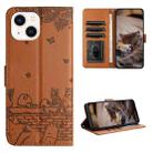 For iPhone 13 Cat Embossing Pattern Leather Phone Case with Lanyard(Brown) - 1