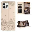 For iPhone 13 Pro Max Cat Embossing Pattern Leather Phone Case with Lanyard(Beige) - 1