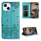 For iPhone 15 Cat Embossing Pattern Leather Phone Case with Lanyard(Blue) - 1