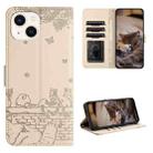 For iPhone 14 Plus Cat Embossing Pattern Leather Phone Case with Lanyard(Beige) - 1