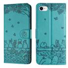 For iPhone SE 2024 Cat Embossing Pattern Leather Phone Case with Lanyard(Blue) - 1