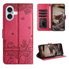 For iPhone 16 Plus Cat Embossing Pattern Leather Phone Case with Lanyard(Red) - 1