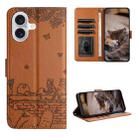 For iPhone 16 Plus Cat Embossing Pattern Leather Phone Case with Lanyard(Brown) - 1