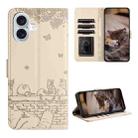 For iPhone 16 Plus Cat Embossing Pattern Leather Phone Case with Lanyard(Beige) - 1