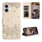 For iPhone 16 Cat Embossing Pattern Leather Phone Case with Lanyard(Beige) - 1