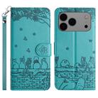 For iPhone 17 Pro Max Cat Embossing Pattern Leather Phone Case with Lanyard(Blue) - 1