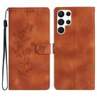 For Samsung Galaxy S22 Ultra 5G Flower Butterfly Embossing Pattern Leather Phone Case(Brown) - 1