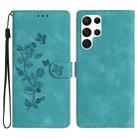 For Samsung Galaxy S22 Ultra 5G Flower Butterfly Embossing Pattern Leather Phone Case(Sky Blue) - 1