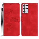 For Samsung Galaxy S21 Ultra 5G Flower Butterfly Embossing Pattern Leather Phone Case(Red) - 1