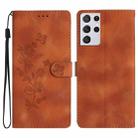 For Samsung Galaxy S21 Ultra 5G Flower Butterfly Embossing Pattern Leather Phone Case(Brown) - 1