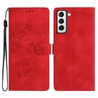 For Samsung Galaxy S21 FE 5G Flower Butterfly Embossing Pattern Leather Phone Case(Red) - 1