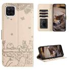 For Samsung Galaxy A12 Cat Embossing Pattern Leather Phone Case with Lanyard(Beige) - 1
