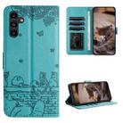 For Samsung Galaxy A14 Cat Embossing Pattern Leather Phone Case with Lanyard(Blue) - 1