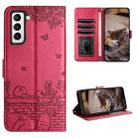 For Samsung Galaxy S21 Cat Embossing Pattern Leather Phone Case with Lanyard(Red) - 1