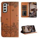 For Samsung Galaxy S21 Cat Embossing Pattern Leather Phone Case with Lanyard(Brown) - 1