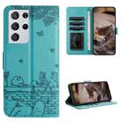 For Samsung Galaxy S21 Ultra Cat Embossing Pattern Leather Phone Case with Lanyard(Blue) - 1
