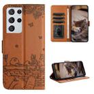 For Samsung Galaxy S21 Ultra Cat Embossing Pattern Leather Phone Case with Lanyard(Brown) - 1