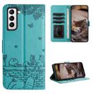 For Samsung Galaxy S21+ Cat Embossing Pattern Leather Phone Case with Lanyard(Blue) - 1