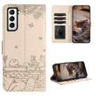 For Samsung Galaxy S22 Cat Embossing Pattern Leather Phone Case with Lanyard(Beige) - 1