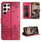 For Samsung Galaxy S22 Ultra Cat Embossing Pattern Leather Phone Case with Lanyard(Red) - 1