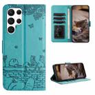 For Samsung Galaxy S22 Ultra Cat Embossing Pattern Leather Phone Case with Lanyard(Blue) - 1