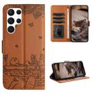 For Samsung Galaxy S22 Ultra Cat Embossing Pattern Leather Phone Case with Lanyard(Brown) - 1