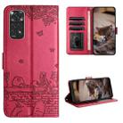 For Xiaomi Redmi Note 11 Global Cat Embossing Pattern Leather Phone Case with Lanyard(Red) - 1