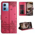 For Xiaomi Redmi Note 12 5G India / POCO X5 Cat Embossing Pattern Leather Phone Case with Lanyard(Red) - 1