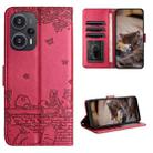 For Xiaomi Poco F5 Cat Embossing Pattern Leather Phone Case with Lanyard(Red) - 1