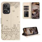 For Xiaomi Poco F5 Cat Embossing Pattern Leather Phone Case with Lanyard(Beige) - 1