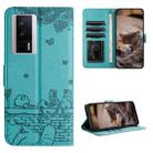 For Xiaomi Poco F5 Pro Cat Embossing Pattern Leather Phone Case with Lanyard(Blue) - 1