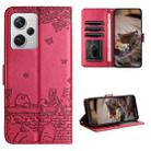 For Xiaomi Redmi Note 12 Pro Speed Cat Embossing Pattern Leather Phone Case with Lanyard(Red) - 1